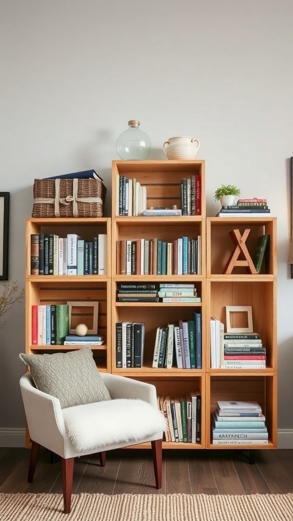 A creative DIY bookshelf made from wooden crates, displaying books and decorative items.