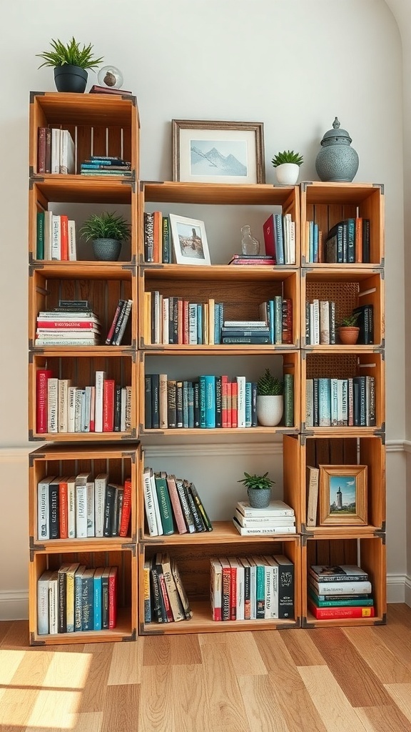 A creative bookshelf made from wooden crates, displaying books and decorative items.