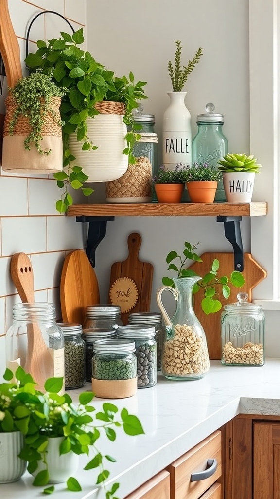 A cozy kitchen shelf displaying various jars and containers filled with herbs, spices, and plants.