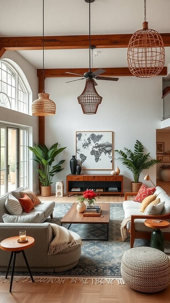 A boho living room featuring woven pendant lights, plants, and cozy furniture.
