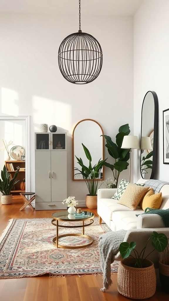 A cozy living room featuring a large round mirror, a tall rectangular mirror, plants, and a stylish light fixture.