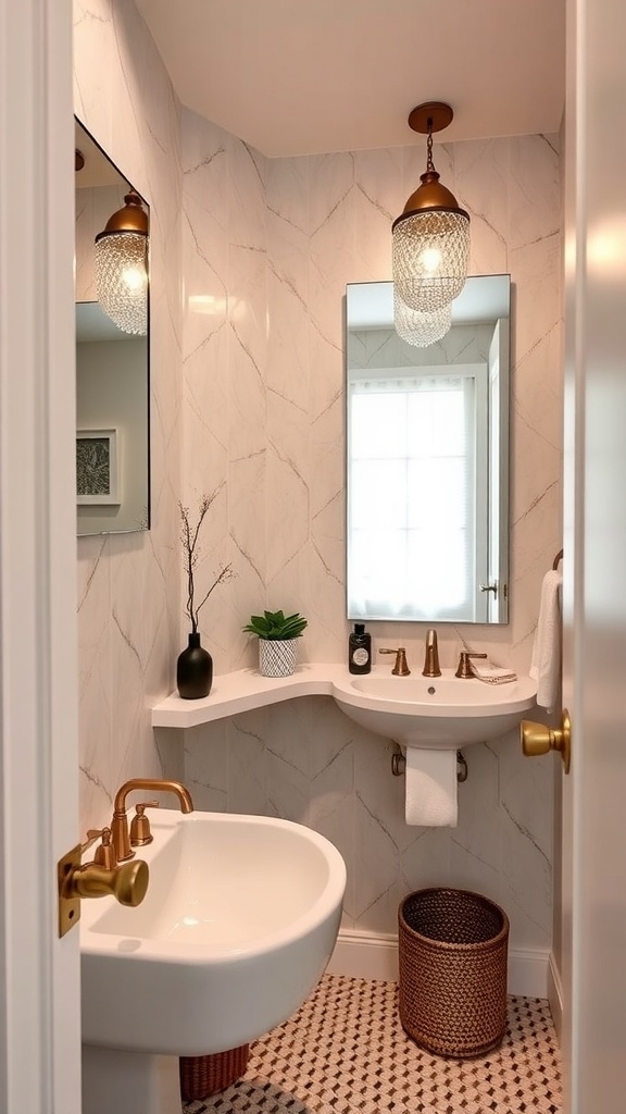 A stylish small bathroom featuring a modern mirror, elegant light fixture, and chic decor.