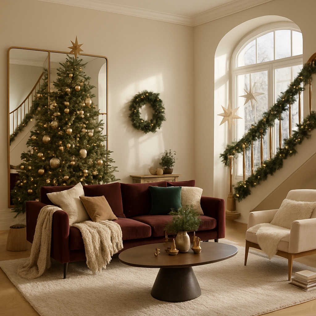 Ein gemütliches Wohnzimmer mit einem großen Spiegel, einem Weihnachtsbaum und festlicher Dekoration.