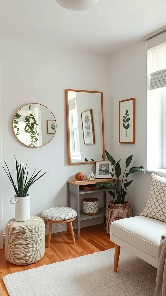 A cozy corner of a minimalist apartment featuring a round mirror, a rectangular mirror, plants, and a small table.