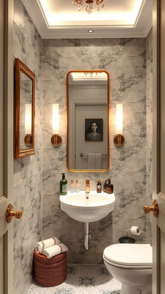 A small, stylish bathroom featuring a large mirror, elegant lighting, and modern decor.