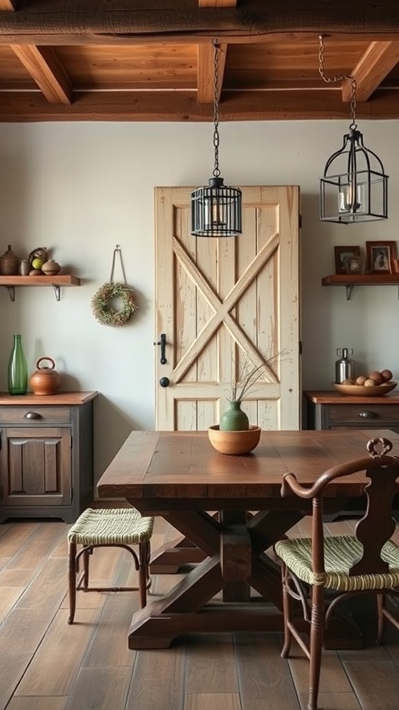 A rustic kitchen featuring a wooden door, wooden furniture, and decorative elements.