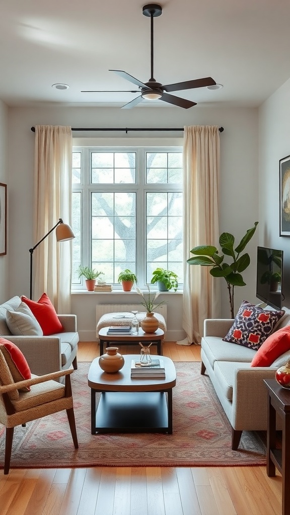 Cozy living area with two sofas, a coffee table, and plants by a large window.