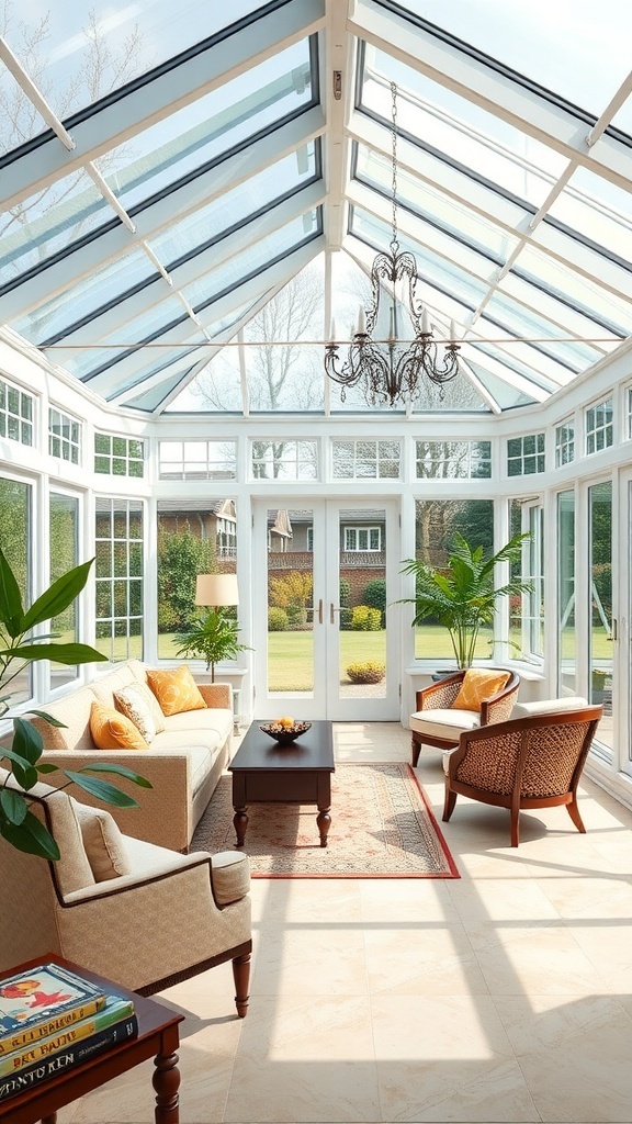 Bright conservatory with glass panels, comfortable seating, and plants