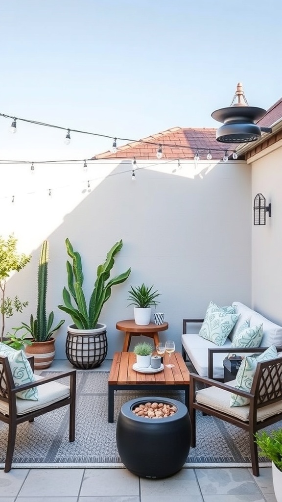 A minimalist patio with seating, plants, and string lights.