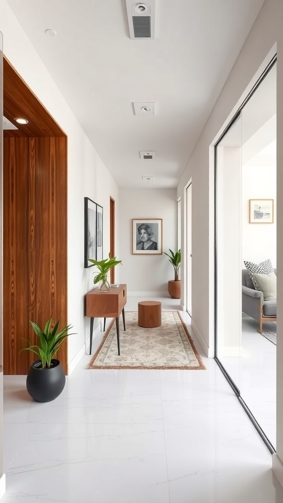 A stylish bungalow hallway featuring wooden accents, plants, and art on the walls.