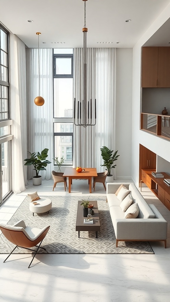 Open concept living and dining room with large windows, plants, and modern furniture