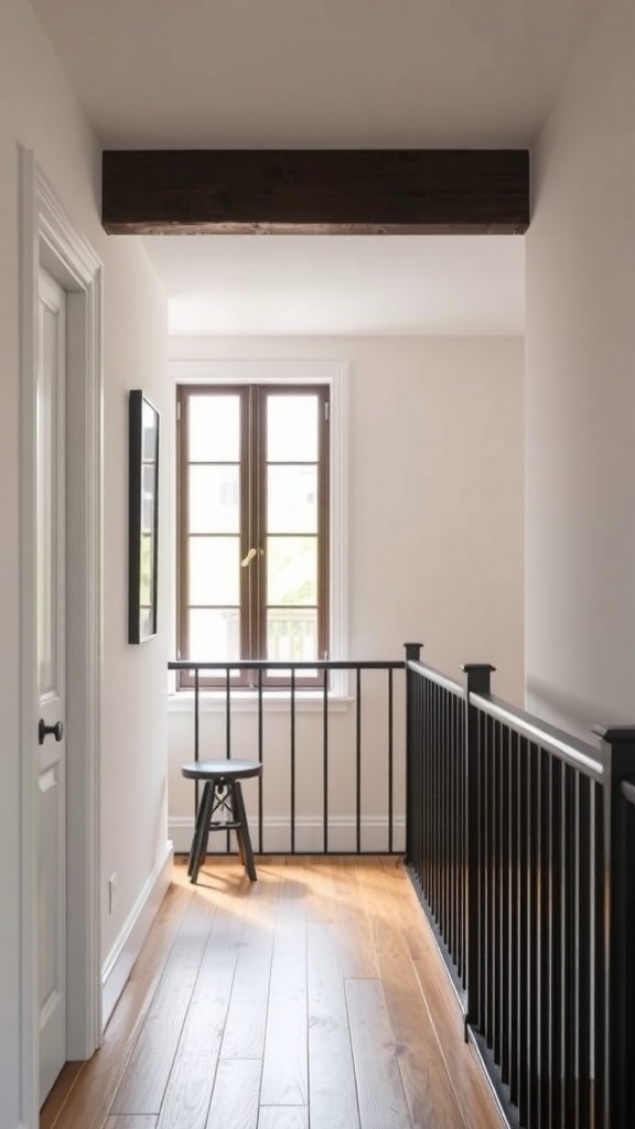 A modern hallway with a black bannister and light wood flooring, featuring a door and a small plant.