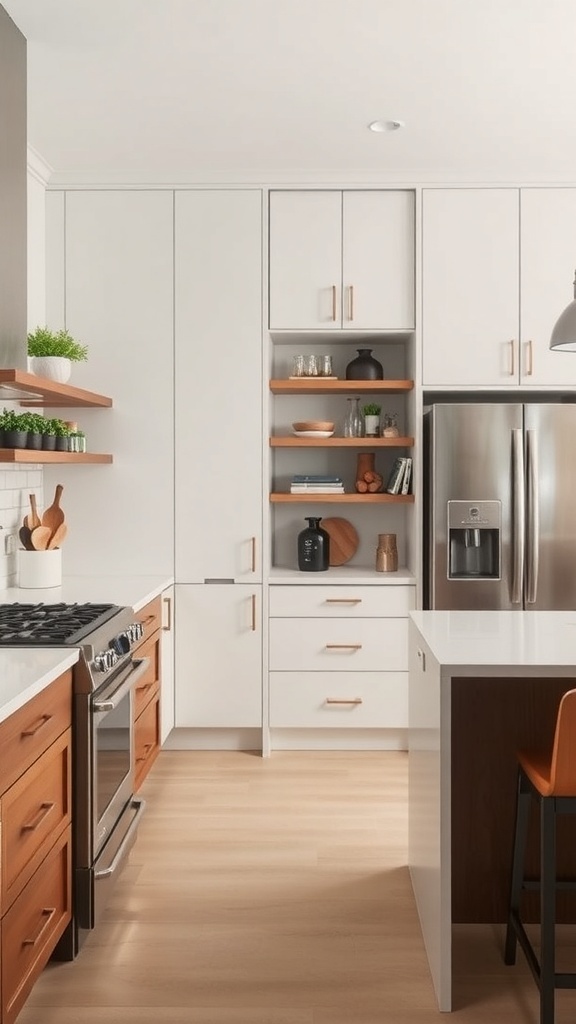 Modern kitchen with built-in features, light color palette, and wooden accents