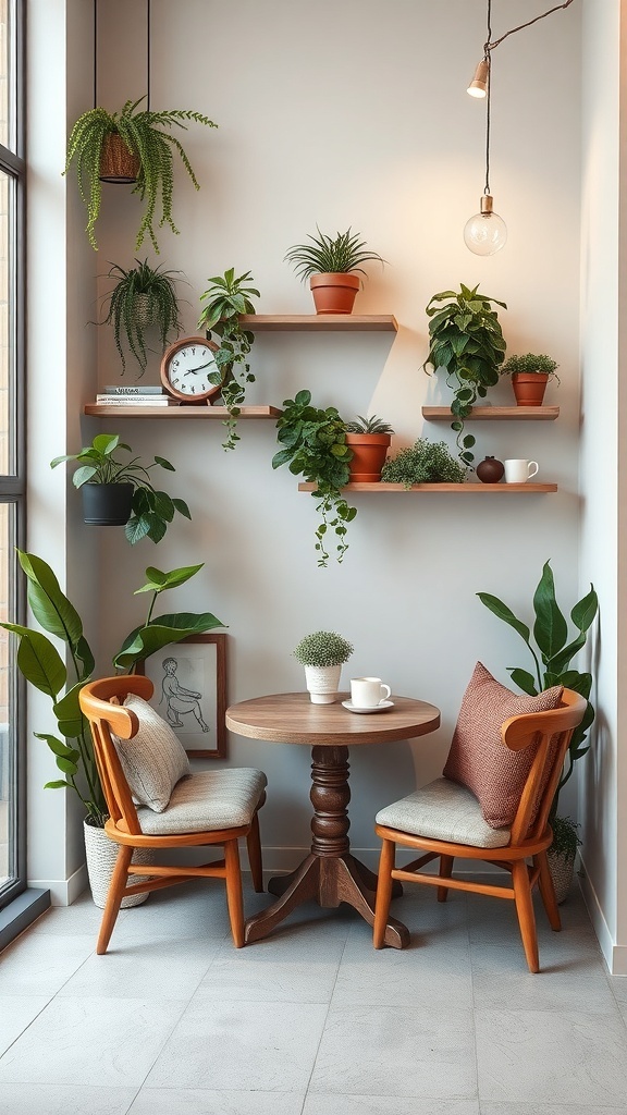 A cozy coffee nook featuring a round table with two chairs, surrounded by plants on wall-mounted shelves.