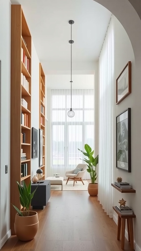 A narrow hallway featuring tall bookshelves, plants, and a modern light fixture.