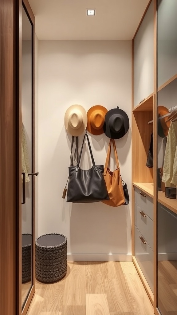 A minimalist walk-in closet featuring hats and bags hanging on hooks, with a stylish wooden finish and a small basket on the floor.