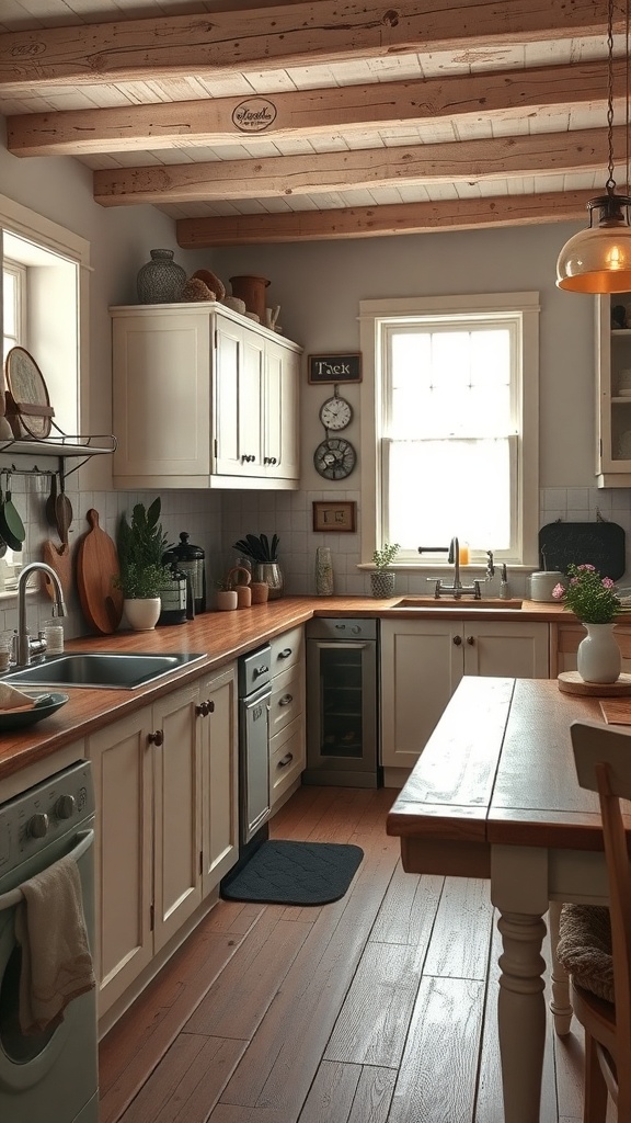 A rustic kitchen featuring wooden beams, vintage decor, and warm colors.