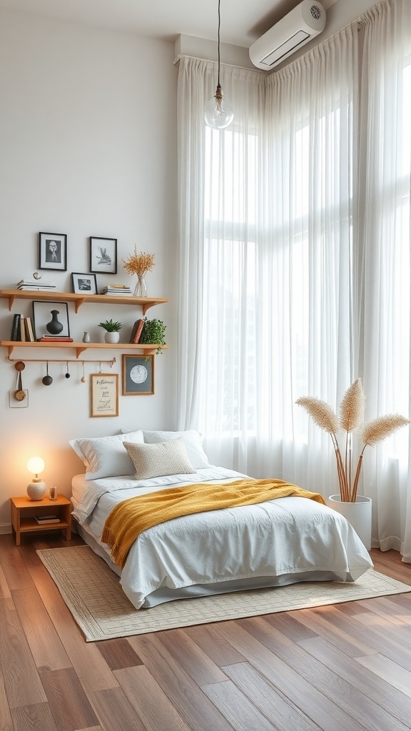 Cozy bedroom with wall-mounted shelves, light curtains, and a warm color palette