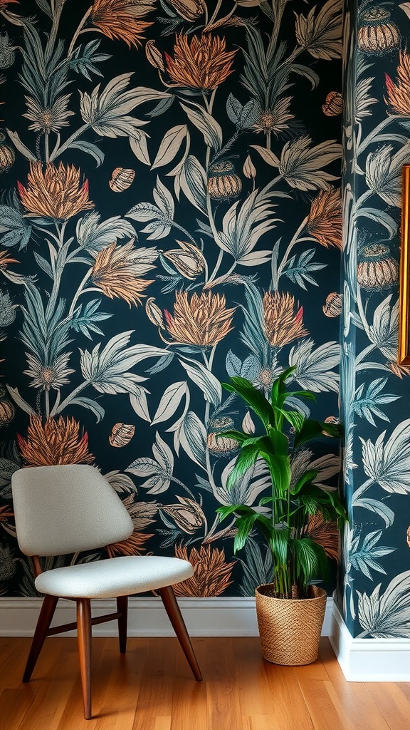 A corner featuring floral wallpaper, a light gray chair, and a green plant in a woven pot.