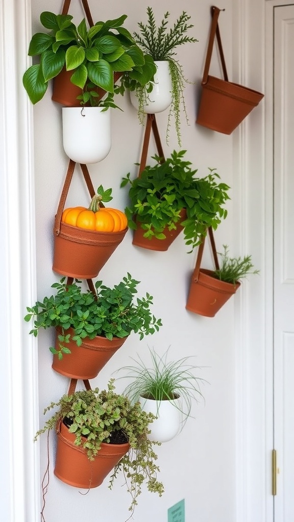 A wall-mounted planter display featuring terracotta and white pots with various plants and a small pumpkin.
