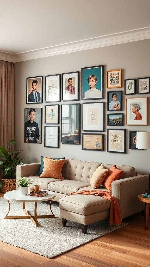 A stylish living room with a gallery wall featuring framed portraits and quotes.