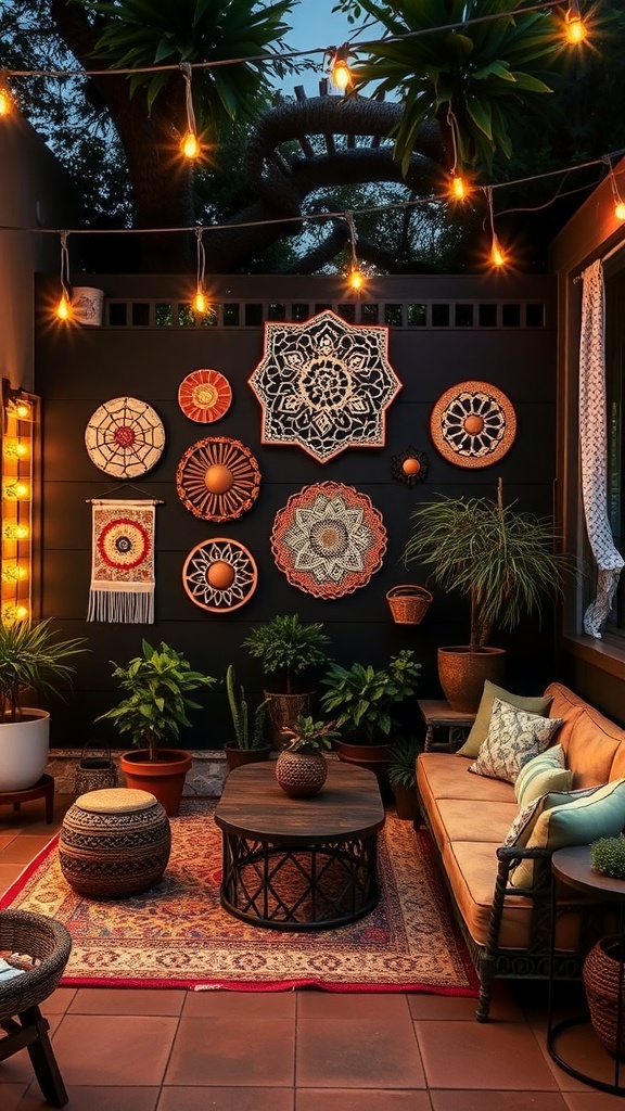 A cozy outdoor patio with various wall art pieces, plants, and warm lighting.