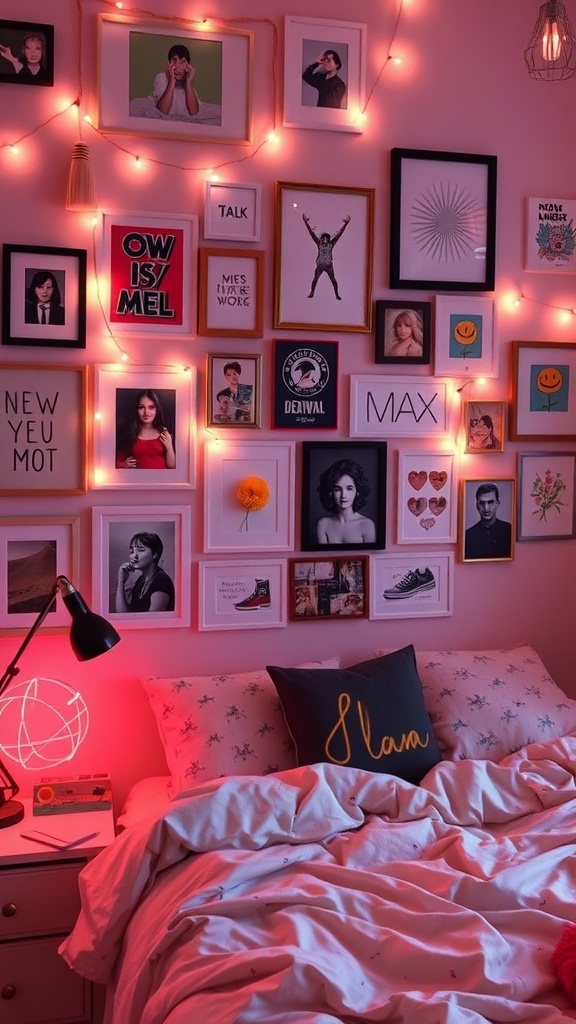Aesthetic bedroom wall art featuring various framed pictures and fairy lights.
