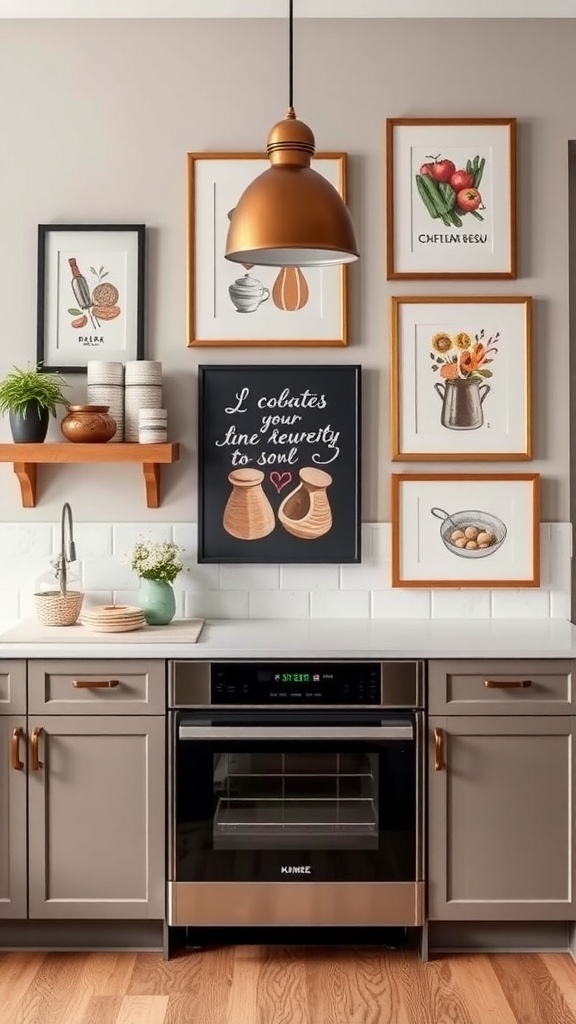 A cozy kitchen wall featuring various framed art pieces, including illustrations of fruits and a handwritten quote.