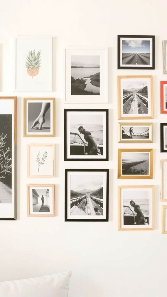Gallery wall with various framed artworks and a small stool