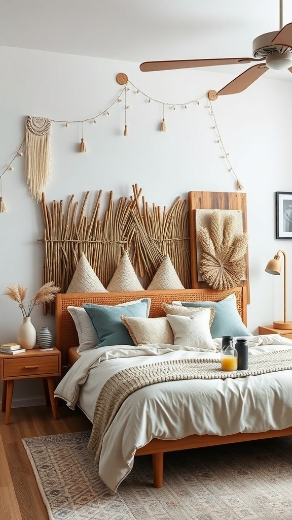 A cozy bedroom featuring creative wall art made from natural materials, including woven elements and wooden accents.