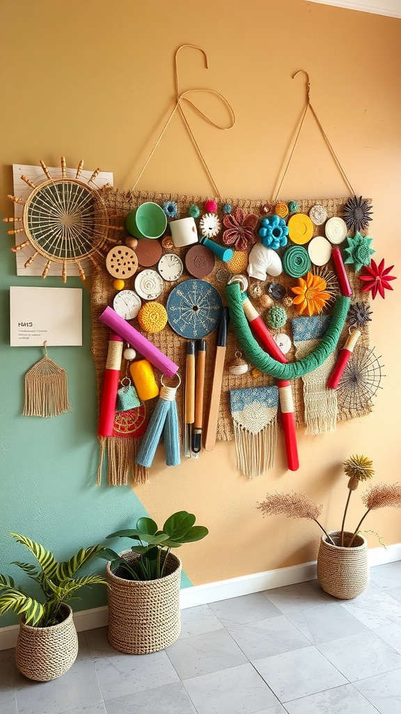 Colorful wall art made from everyday items like yarn, utensils, and paper.