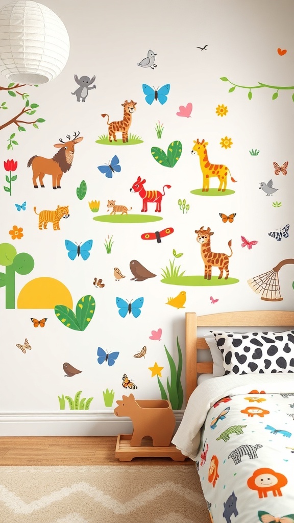 Colorful wall decals in a child's bedroom with animals and stars.