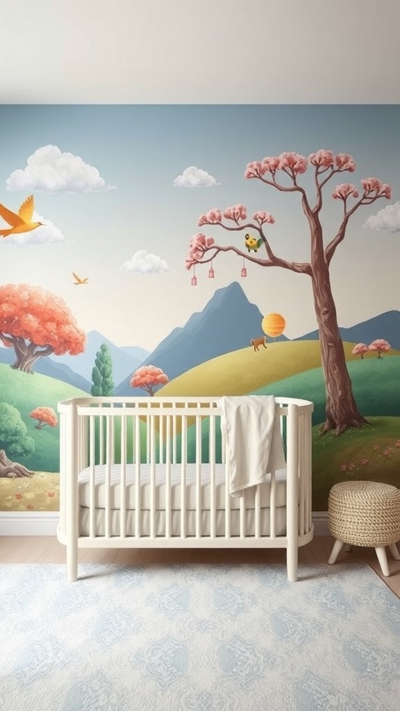 A cozy nursery with a colorful wall mural featuring trees, mountains, and birds, alongside a white crib.