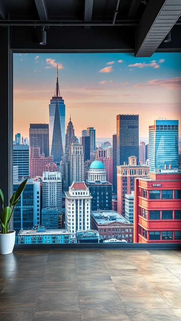 A modern room featuring a city skyline mural at sunset.