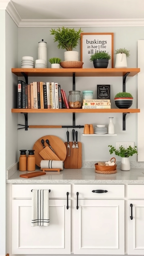 A modern kitchen with wooden wall shelves displaying plants, dishware, and books.