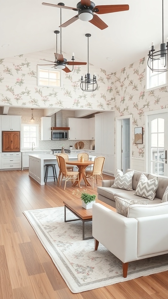 Bright kitchen with floral wallpaper and wooden flooring in a modern farmhouse style.