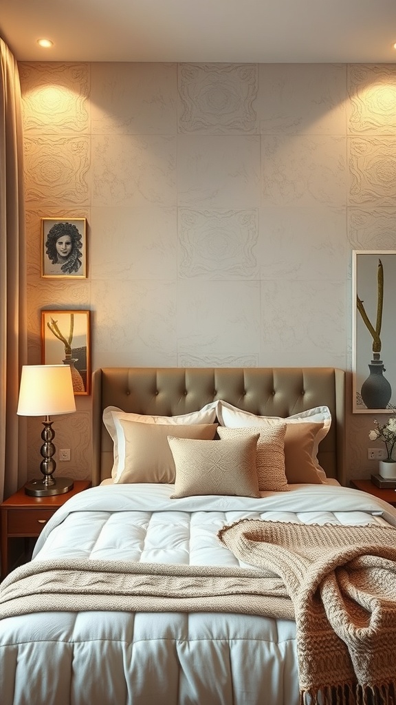A stylish bedroom featuring textured wall treatments, soft bedding, and decorative elements.