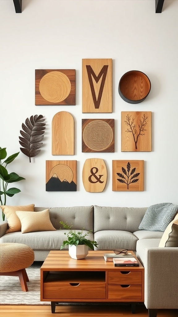 A collection of creative wooden wall art pieces arranged on a wall, featuring various designs and textures.