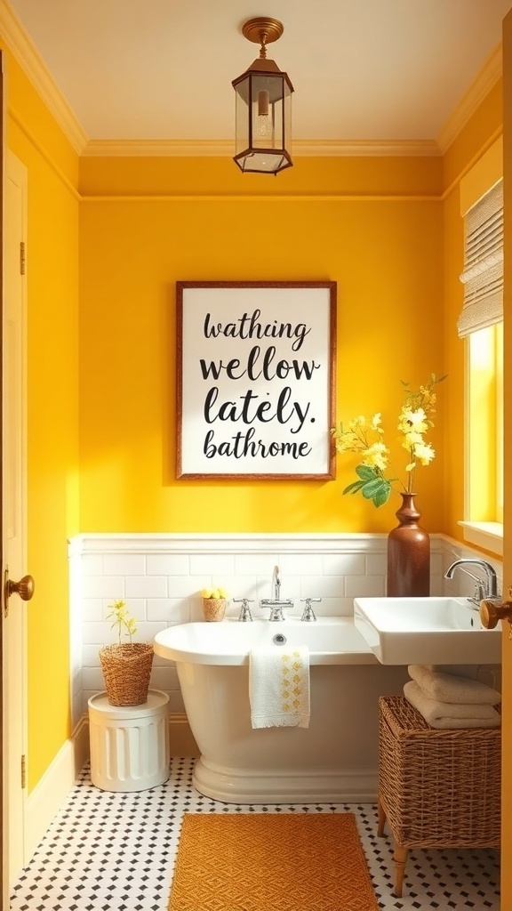 A bright yellow bathroom featuring a playful wall art piece with the text 'wathing yellow lately. bathrome'.
