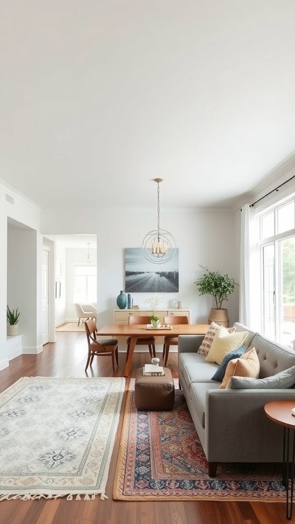 An open concept living and dining room featuring distinct zones with rugs, furniture placement, and decorative elements.