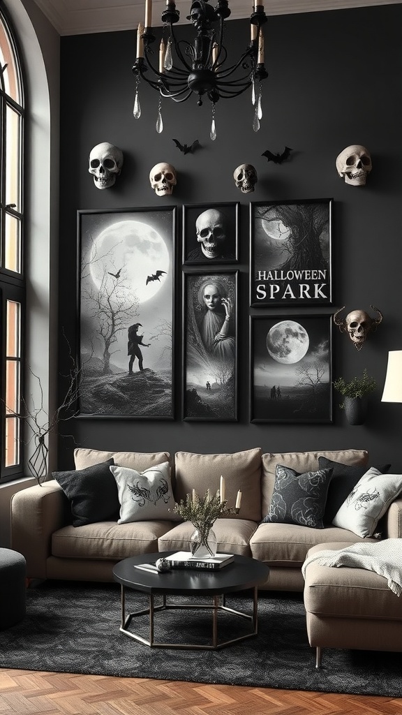 Creepy chic wall art display in a stylish living room with skulls and Halloween-themed art.
