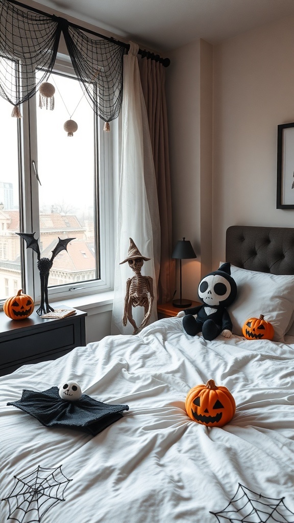 Ein Schlafzimmer dekoriert mit gruseligen Plüschspielzeugen, Kürbissen und einem Skelett.