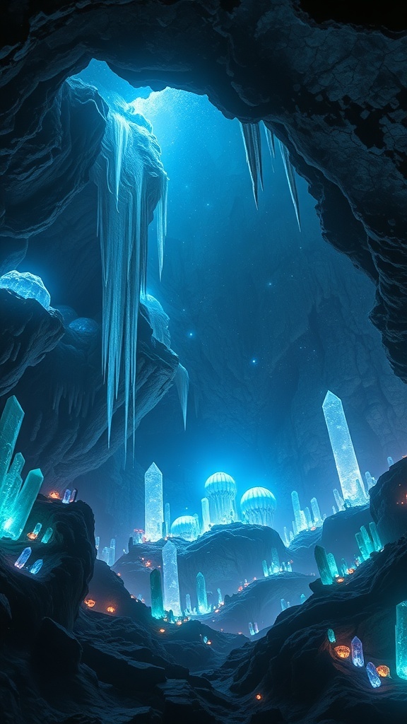 A breathtaking view of a crystal cave with glowing crystals and ice formations.
