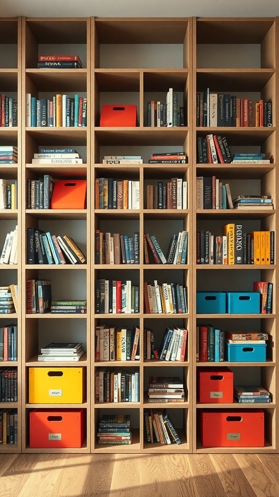 A modern cube bookshelf filled with books and colorful storage bins.