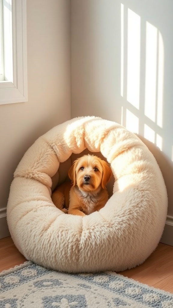A small dog sitting inside a fluffy donut-shaped dog bed, illuminated by sunlight.
