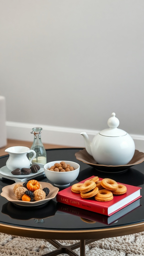 A stylish coffee table arrangement featuring a teapot, cream pitcher, and an assortment of gourmet treats including donuts, cookies, and seasonal decorations.
