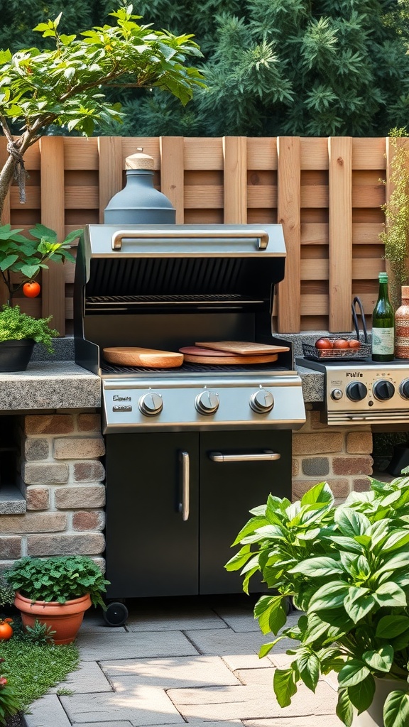A modern outdoor grill setup surrounded by greenery, featuring a sleek grill, wooden cutting boards, and potted herbs.