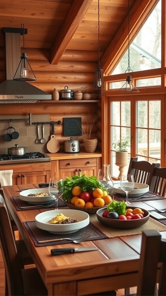 A cozy cabin kitchen with a wooden dining table set for a meal, featuring fresh ingredients and a warm atmosphere.