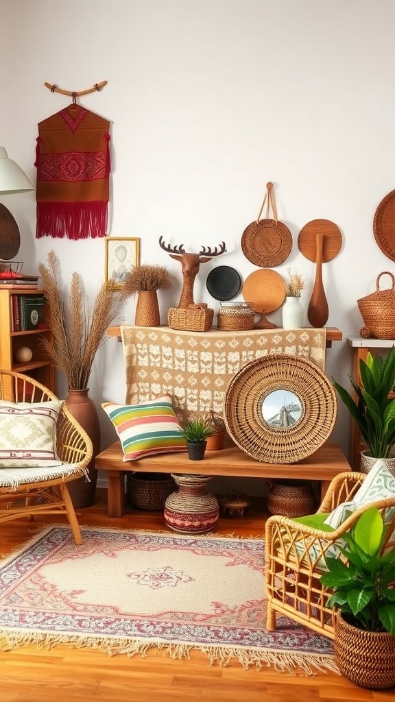 A cozy corner with cultural artifacts and textiles, featuring woven baskets, a textile wall hanging, rattan chairs, and decorative items.