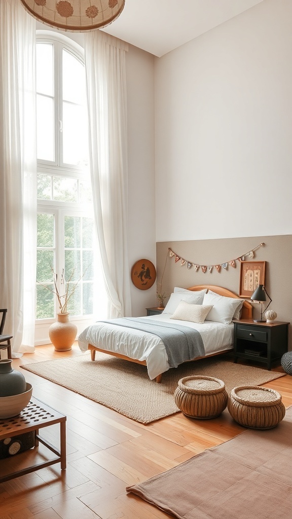 A serene Japandi bedroom featuring natural materials and cultural artifacts.